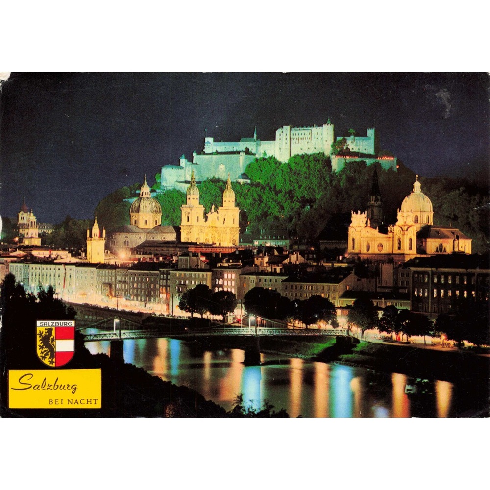 Salzburg Austria Night View Postcard Hohensalzburg Fortress 1980 Continental - Picture 1 of 2